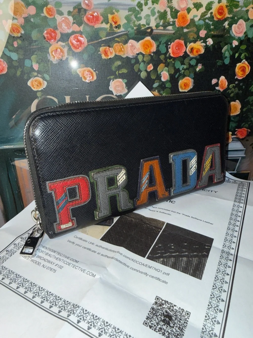 Prada Black Saffiano Leather Zip Wallet with Multicolor Letter Patches w/coa